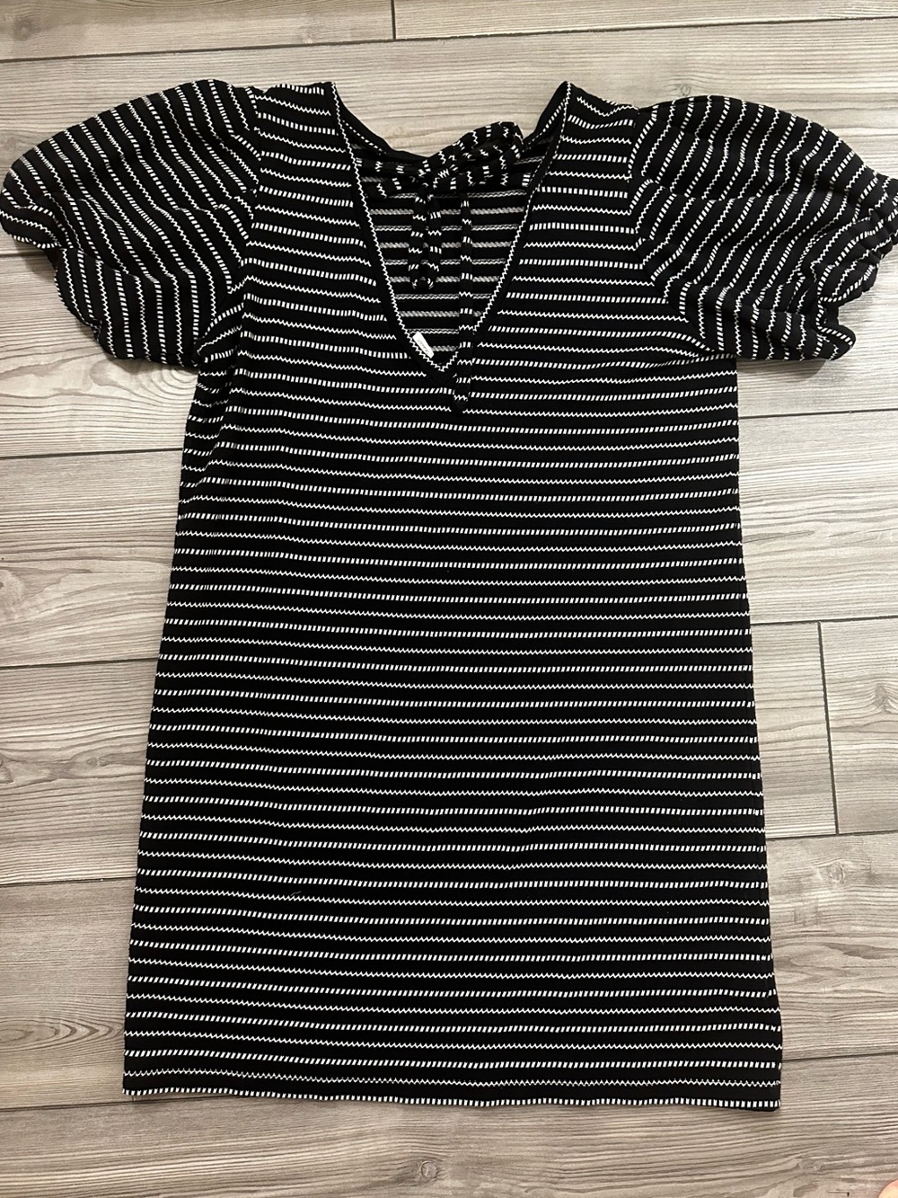 LOFT Beach Black White Striped Puff Sleeve Shift Dress